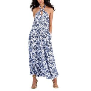 Women's Blue and White Printed Halter Maxi Dress with Pockets, Size Small